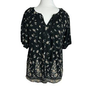 Style & Co Womens Blouse Size Small Black Gray Floral Lined Short Sleeve